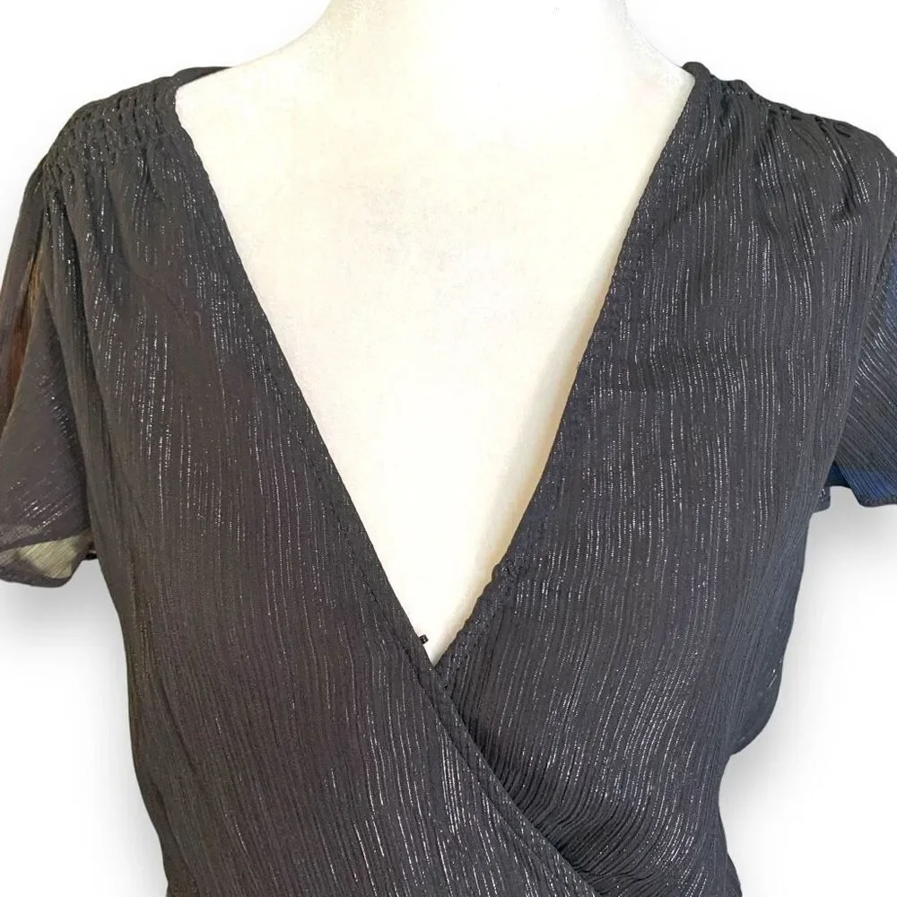 Michael Kors Dress‎ Faux Wrap Black Metallic Shimmer Asymmetrical Ruffle Sheer